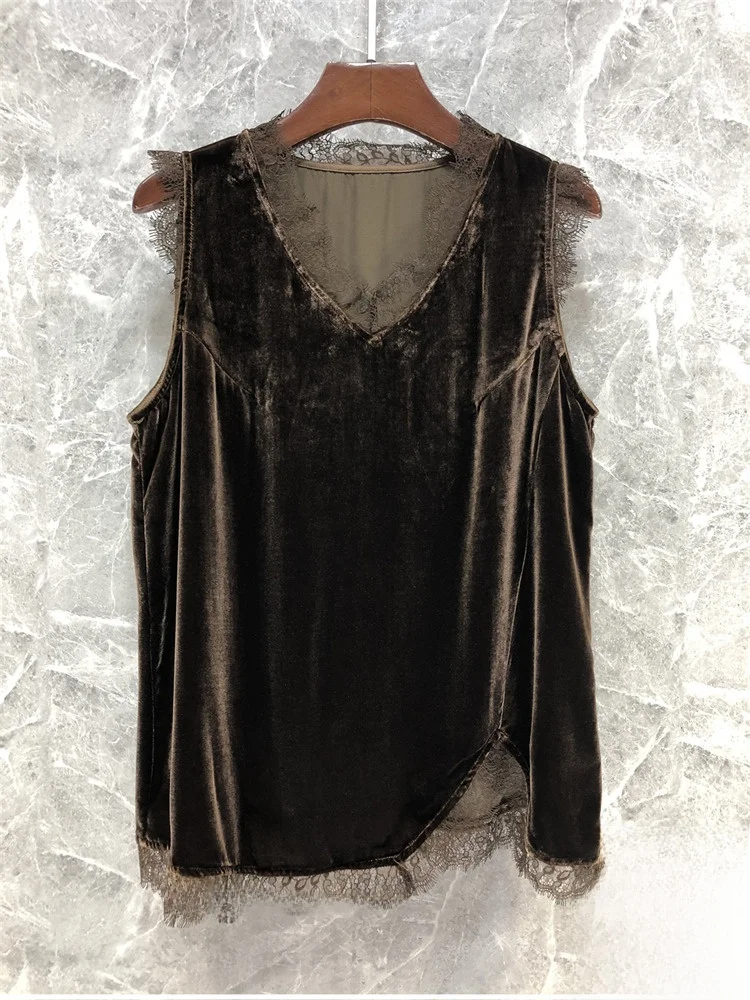 

Женский кружевной жилет, новинка лета, европейские товары, шелковый бархатный топ с v-образным вырезом, прямой топ, стандартная длина
