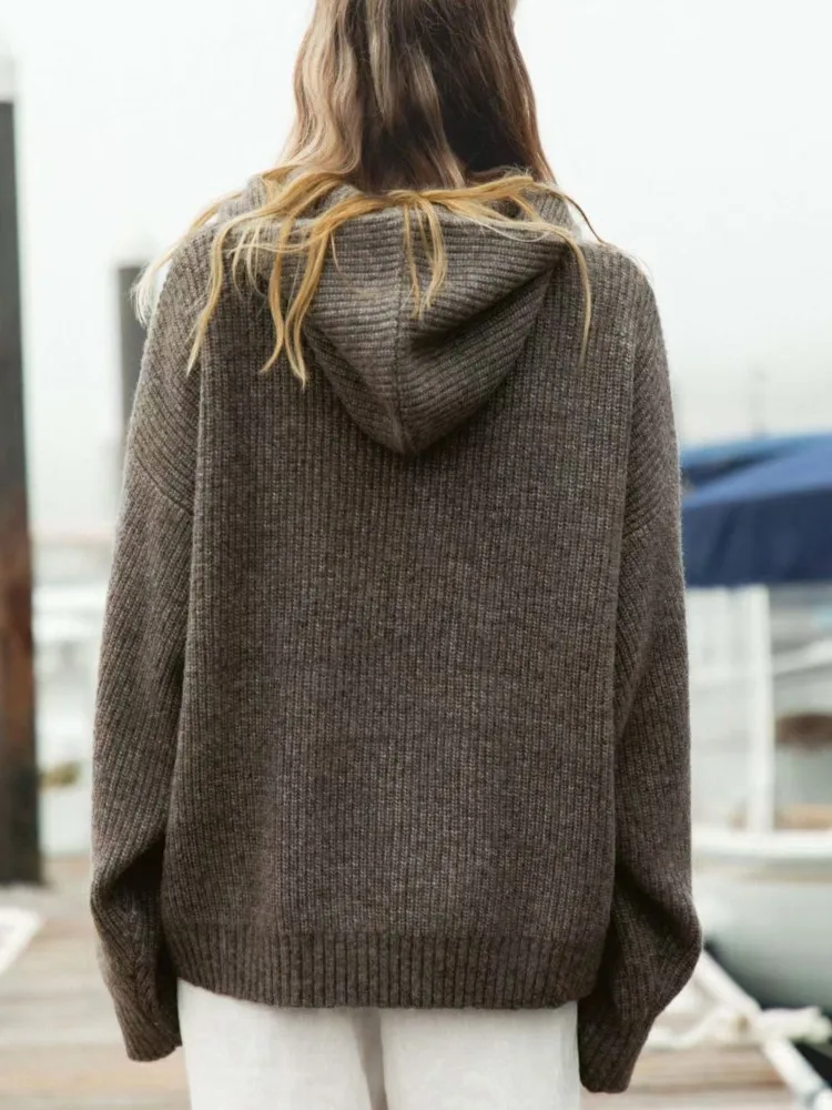 Autumn Woman's Fashion Knitted Pullover Casual Solid Color Hooded With Pockets Loose Sweater Lady Winter Comfort Warm Sweaters