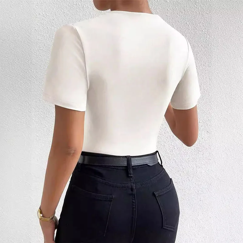 Women luxury solid color spring and summer new slim-fit draw pleated short sleeve onesie T-shirt for women
