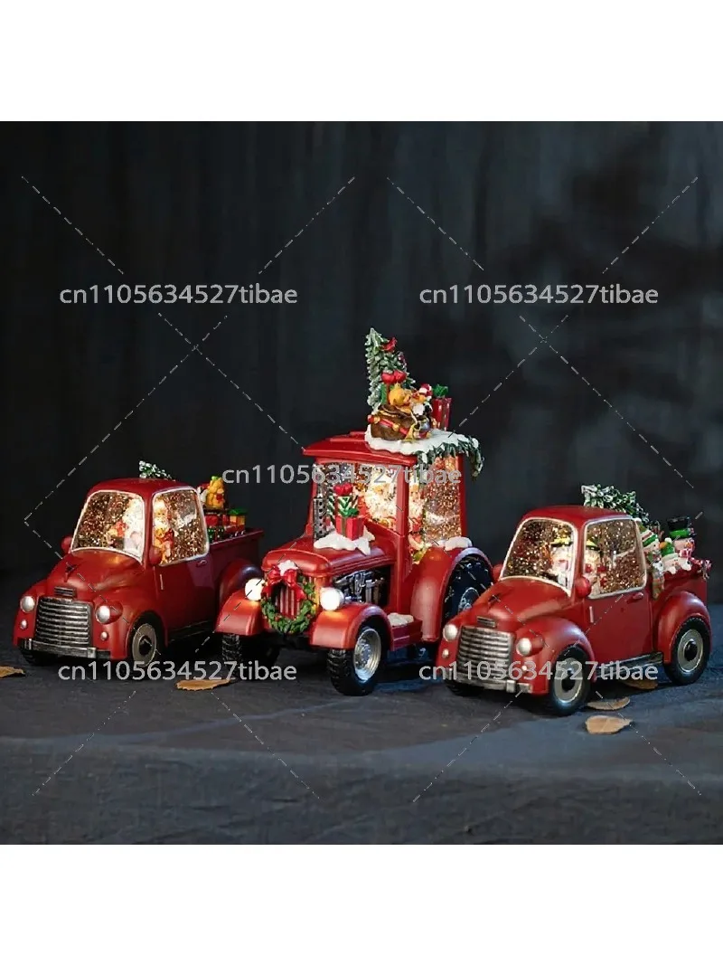 Red Truck Vintage Car Snow Globe Music Box Christmas Decorative Ornament with Snowfall Effect