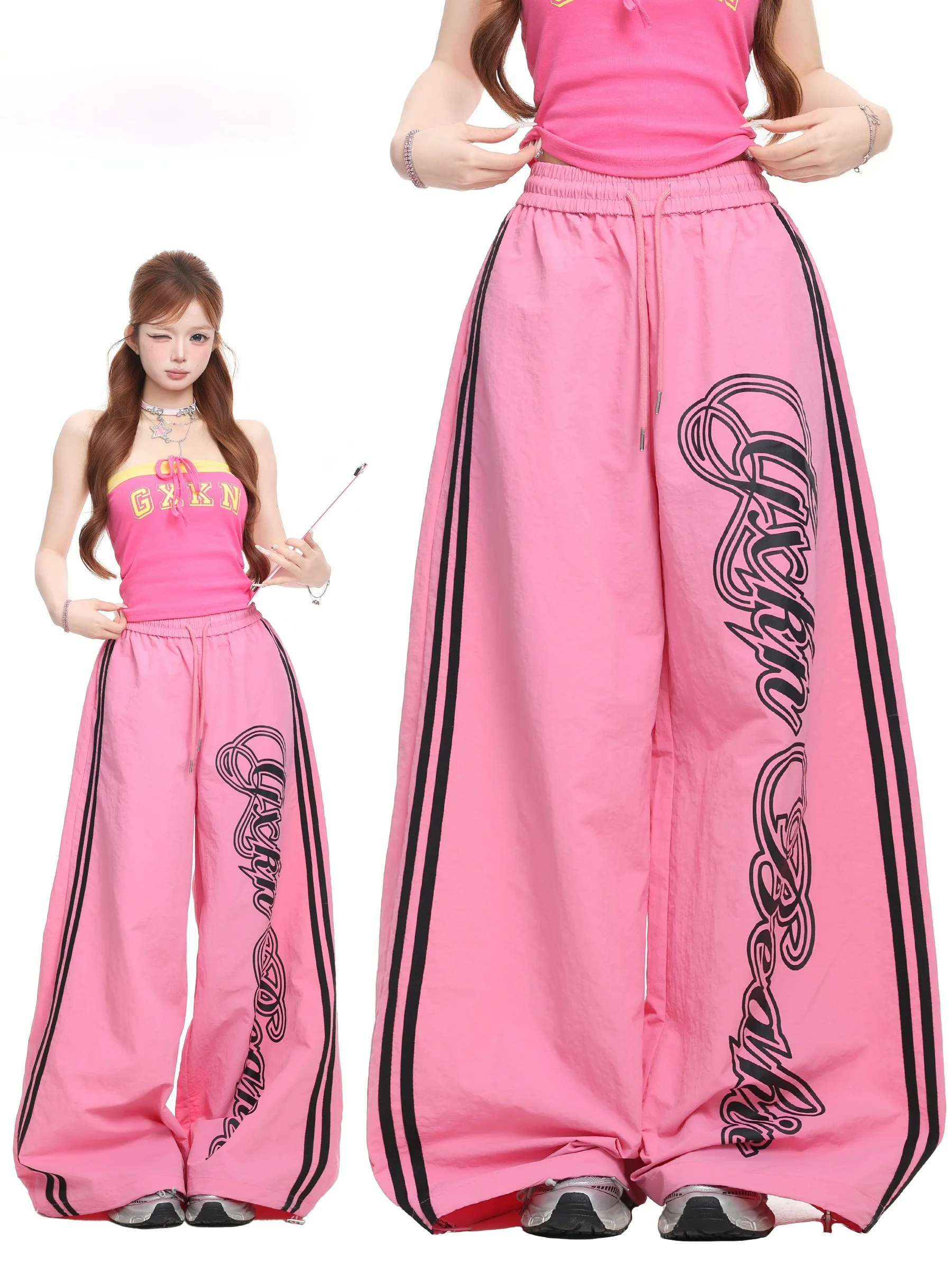 

BASTERDS American Style Letter Print High Waist Wide Leg Casual Pants Women Summer Sport Versatile Loose Fit Straight Leg Tro...