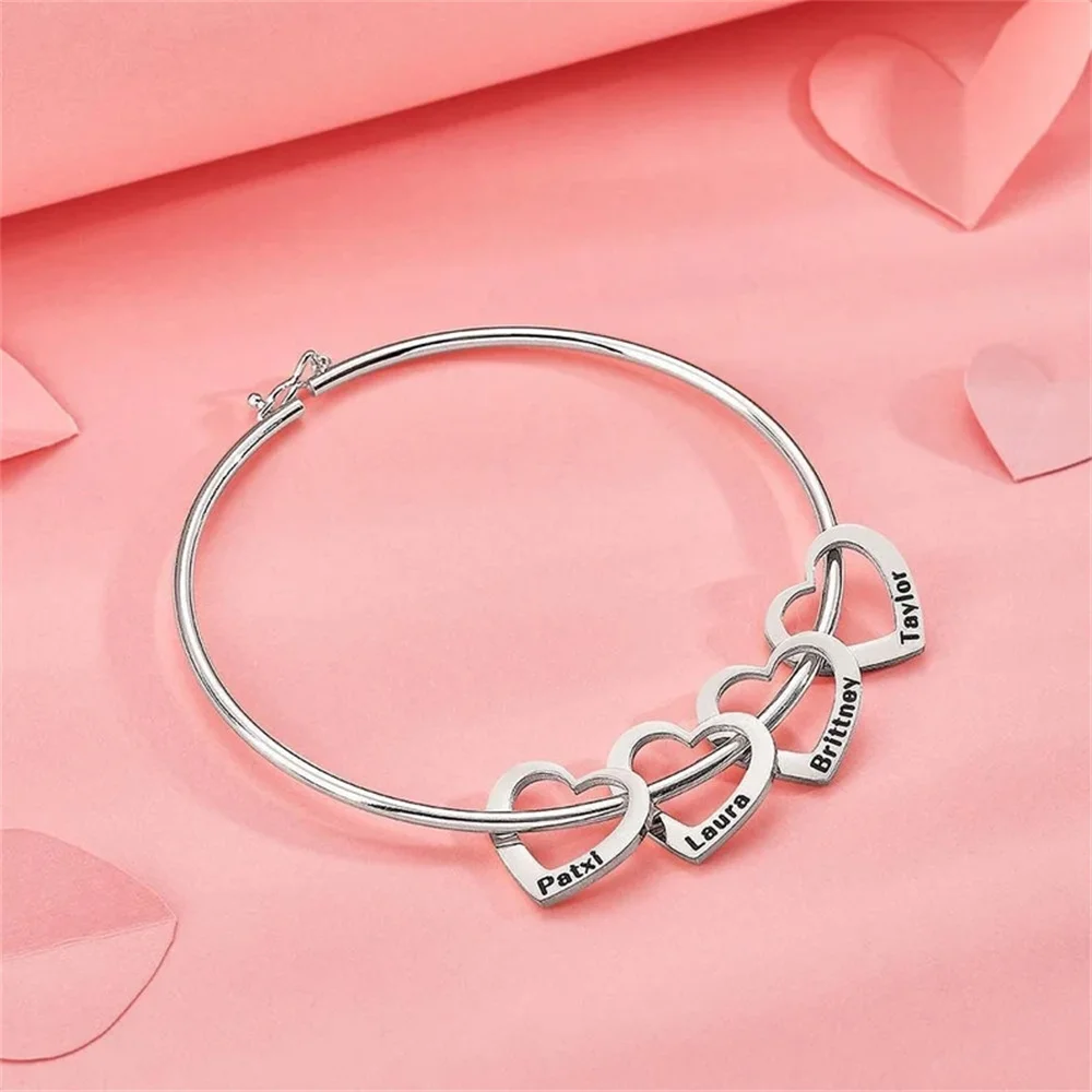 Eiegant Customized Engraved 1-9 Names Bracelet For Mama Stainless Steel Silver Personalized Heart Bangles For Women Jewelry Gift