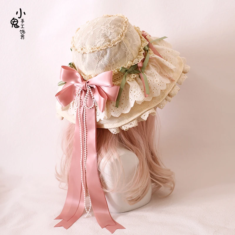 Original Handmade Lolita Lolita Four-hour Flower Bow Lace Elegant Doll Umbrella Hat Hanyang Eclectic Sun Hat