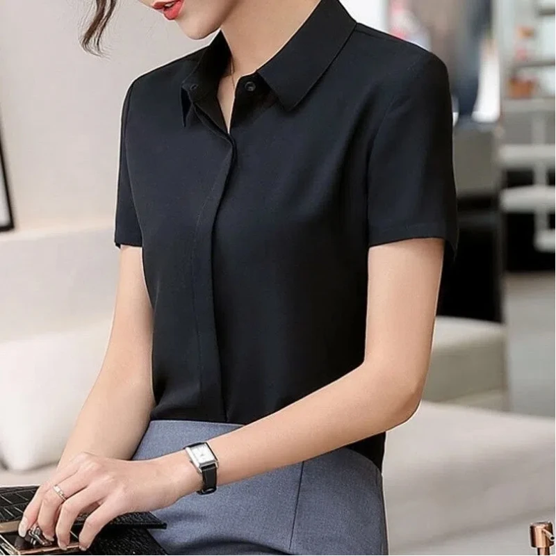 Short Sleeve White Shirt for Women Summer New Polo Neck Solid Color Loose Simplicity Basic Office Blouse Casual Fashion Clothing