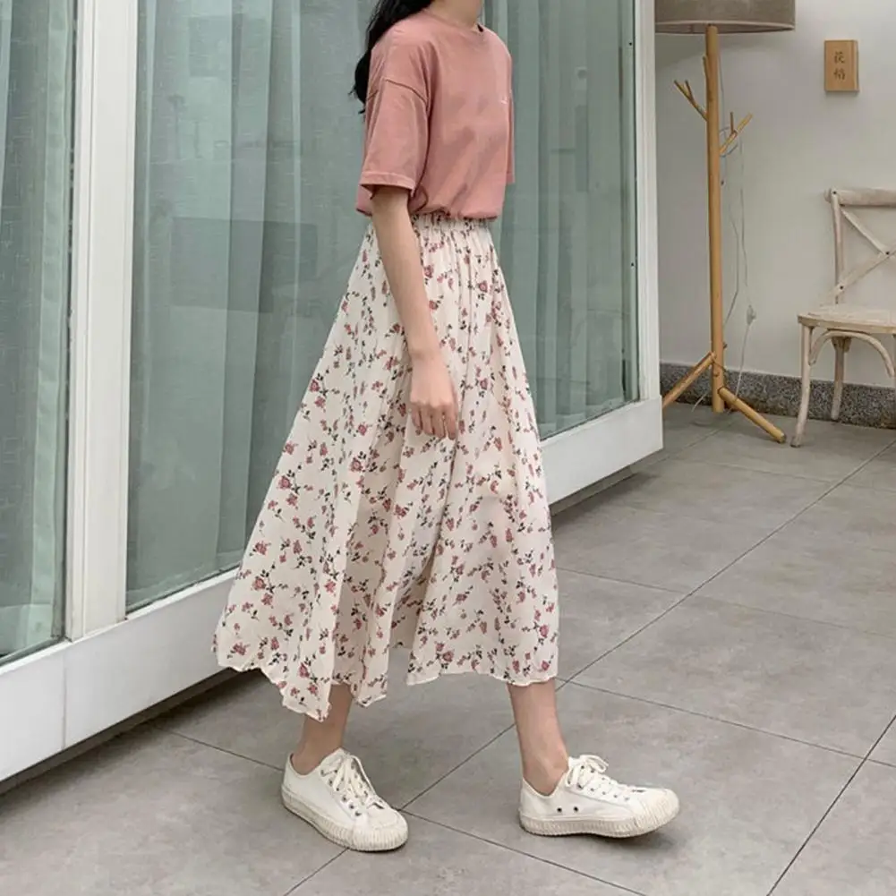 Elastic Waist Floral Skirt Floral Print A-line Maxi Skirt Stylish Mid-rise Women's Summer Forest Style Long Skirt for Daily Wear