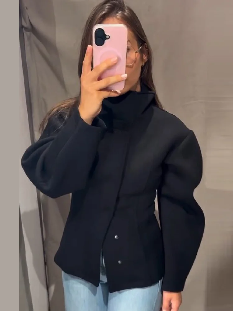 Elegant Black Stand Collar Short Jacket Chic Snap Button Front Pockets Fitted Waist Coat 2026 Autumn Lady High Street Outwear