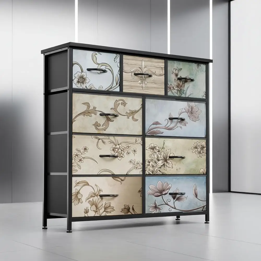 Bedroom Furniture Set: Wide Chest, Closet, TV Stand with Storage, Wooden Board, Fabric Drawers, 9 Painted Drawers