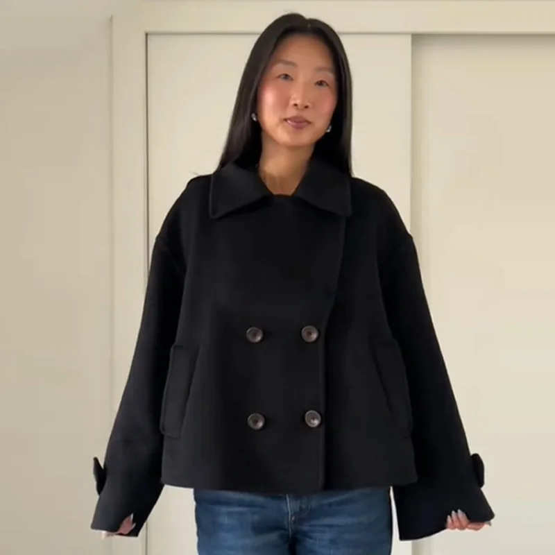 

Women Vintage Cropped Trench Autumn Winter Jackets Double Breasted Long Sleeve Solid Color Coat High Street Commuting Outwear