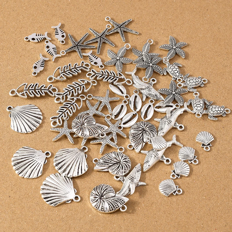 20pcs Silver Color Alloy Mermaid Life Charms Starfish Shell Tortoise Pendants for Necklace Earrings DIY Bracelet Accessories