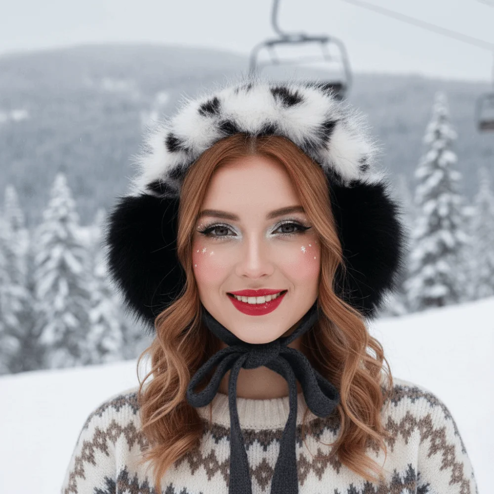 Foldable Design Leopard Earmuffs Lining Windproof Protection Ear Muffs Faux Rabbit Fur Adjustable Straps Tie On Ear Cover