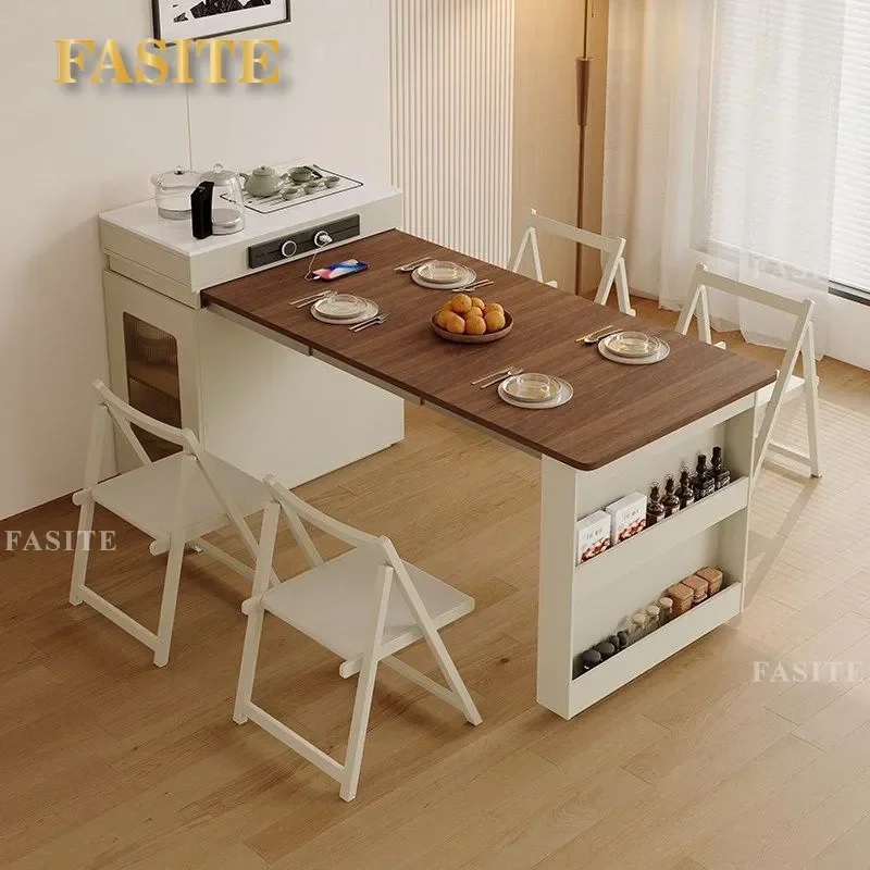 For Small Apartment Kitchen Island Dining Table Telescopic Folding Multi-functional Storage Tea Table Space Saving Furniture