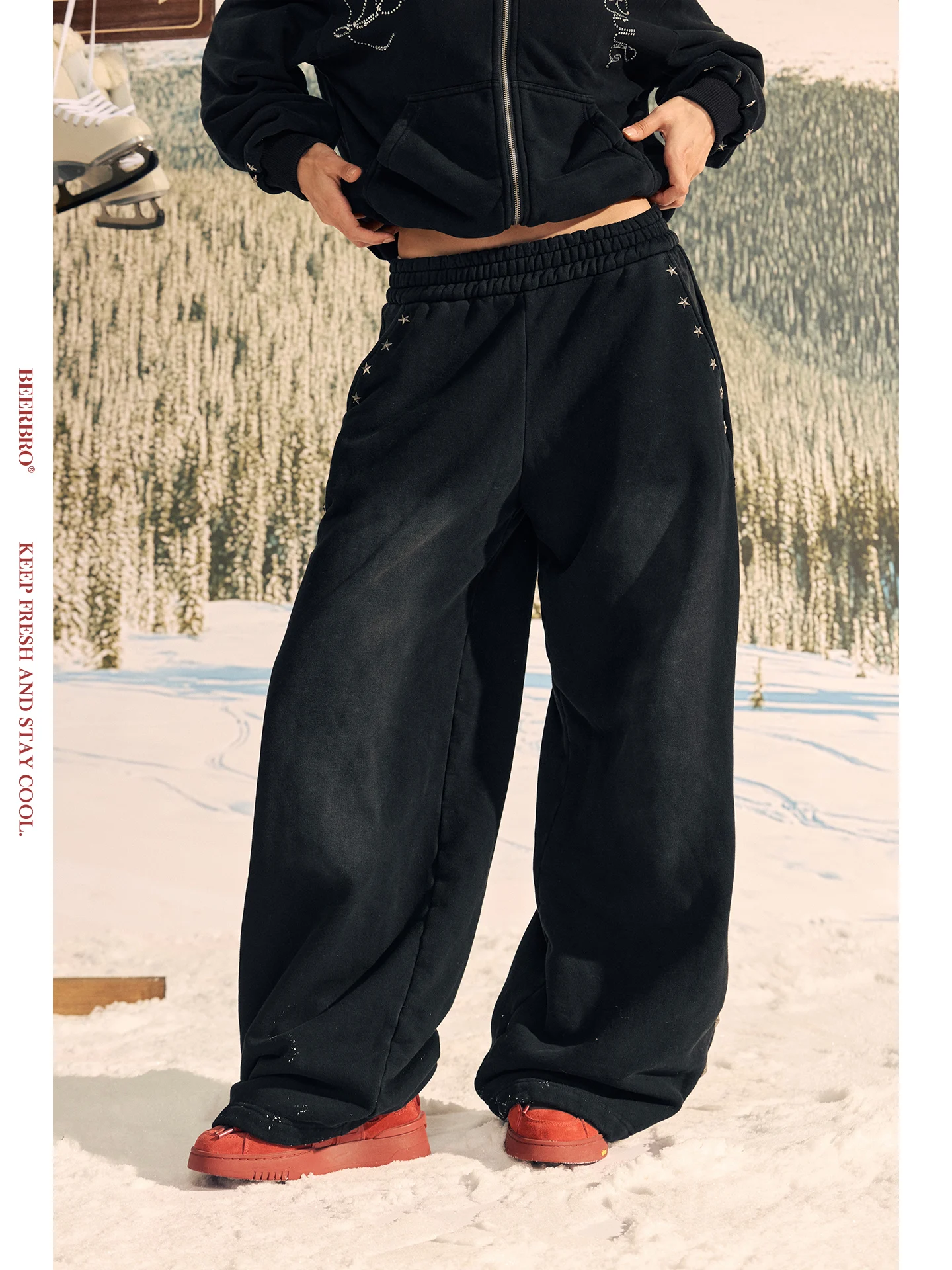

BeerBro Rebellious Competition Club Thickened 100% Cotton Fleece Lined Washed Casual Long Sweatpants Women's Straight Leg Pants