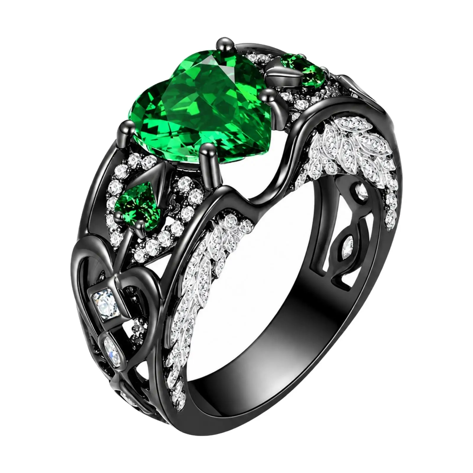 Sparkling Crystal Heart Ring for Women Vintage Style Ornate Openwork Band Leaf Relief Detail Dressy Jewelry Accessory