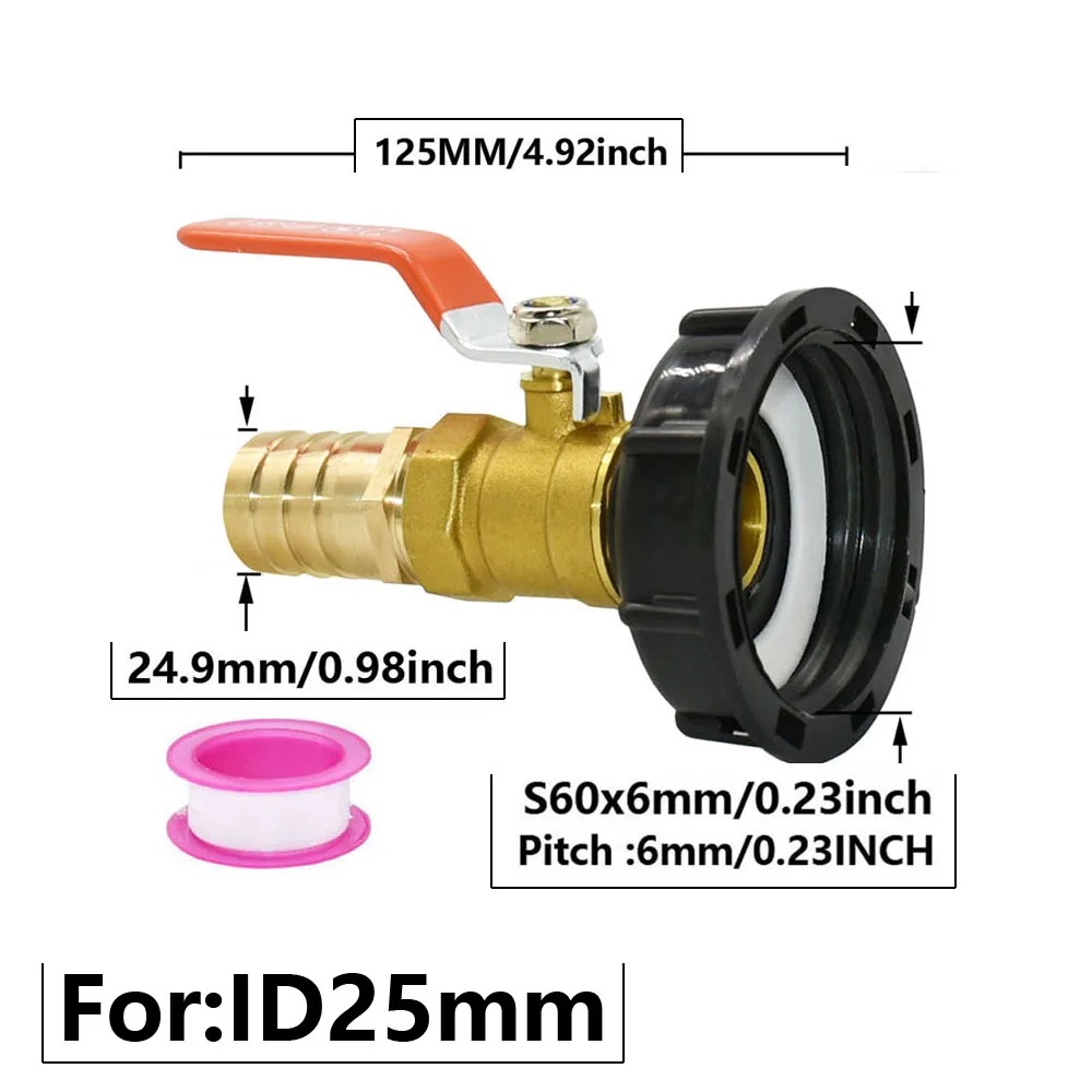 

25mm IBC Tank Adapter Tap S60 To 25mm Garden Hose Barb Connector Brass Faucet Alloy Tank 1000 Liter IBC Hose Valve Fitting