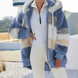 Winter Women Jacket Hooded Warm Plush Loose Jacket for Women Patchwork Outerwear Faux Fur Zipper Ladies Parka Coat