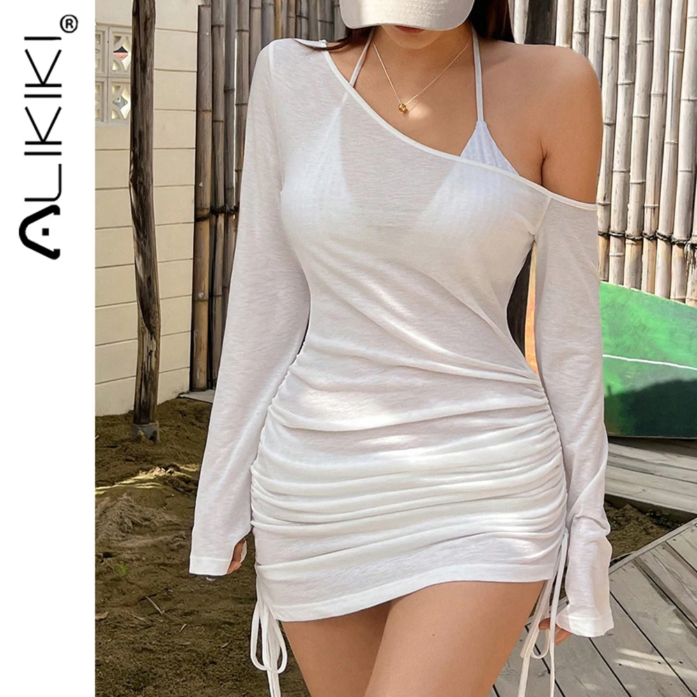 Abito da donna con spalle scoperte per la spiaggia, sexy, trasparente, con coulisse, colletto obliquo, mini abito increspato, copricostume a maniche lunghe