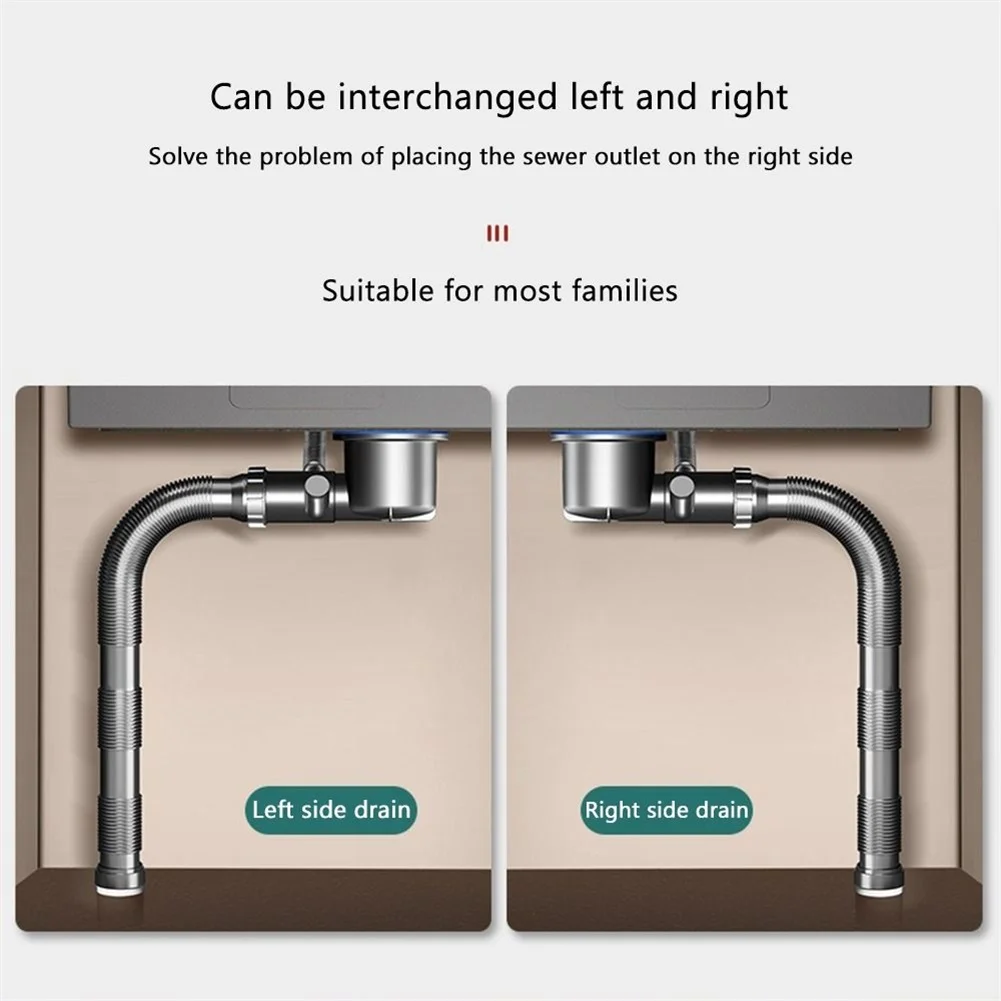 Stainless Steel Kitchen Drain Pipe with Dual Overflow Spoon Cup and Self Sealing Valve to Minimize Transfer and Save Space