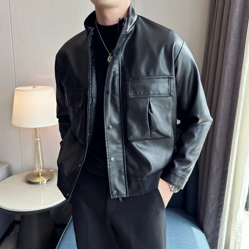 Autumn and Winter Leather Jacket Men's Fashion Casual Standing Collar Motorcycle Jacket Outdoor Solid Color Sports Jacket