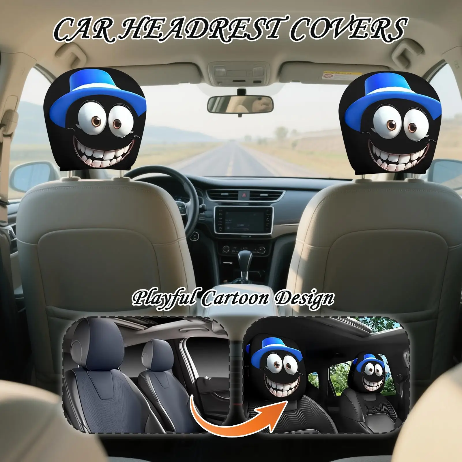 

2PCS Funny Big Eyes Car Headrest Covers, Elastic Cartoon Head Rest Protector For Halloween Christmas Decoration Gifts For Driver