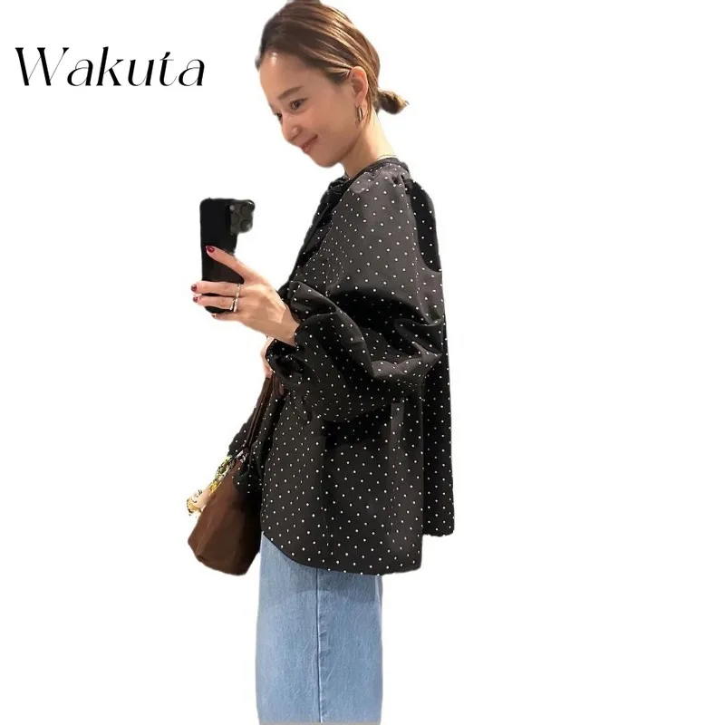 WAKUTA giapponese classico autunno/inverno articoli Ins Blogger Chic Polka Dots camicia stile bambola stile Hepburn camicia Casual a maniche lunghe