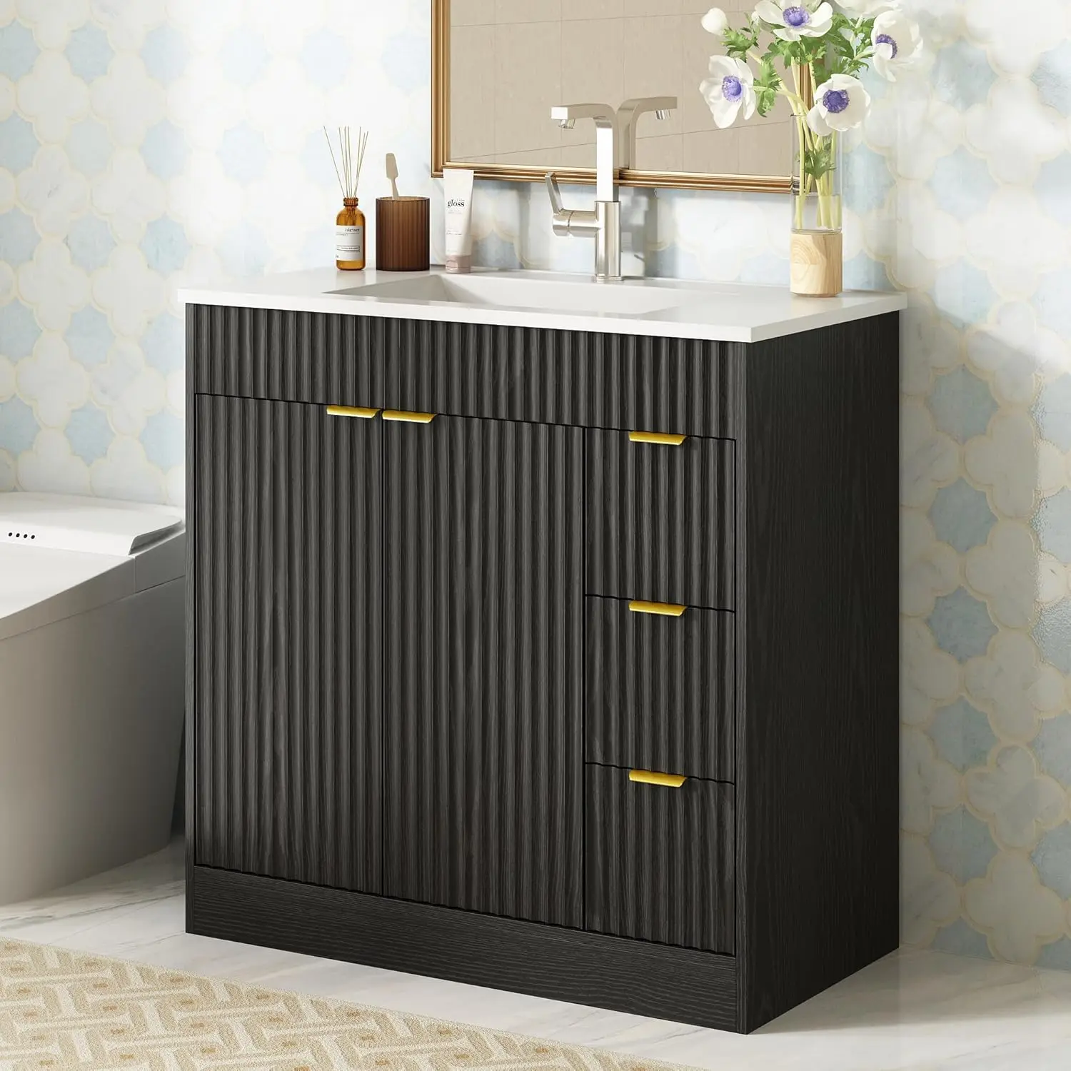 ##36 Inch Modern Bathroom Vanity with Sink Storage Cabinet Adjustable Shelf 2 Soft Closing Doors 3 Drawers Black, Customized