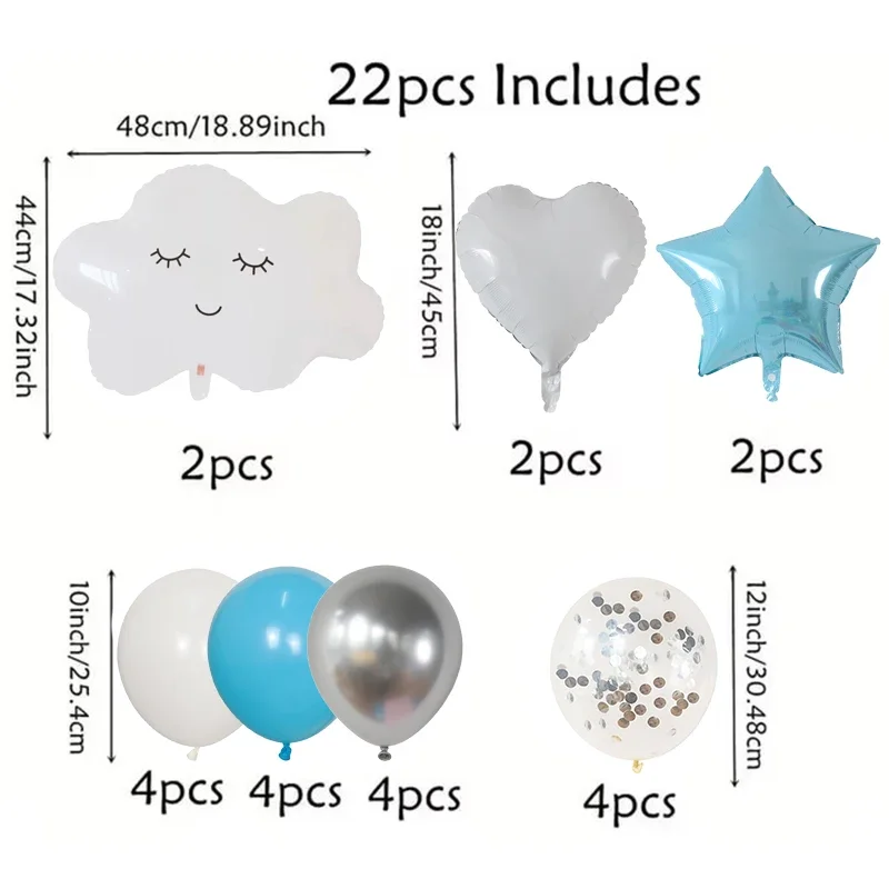22pcs Smile White Cloud Baby Shower Balloons Set 18inch Star Heart Foil Ball Silver Confetti Globos Birthday Wedding Decoration