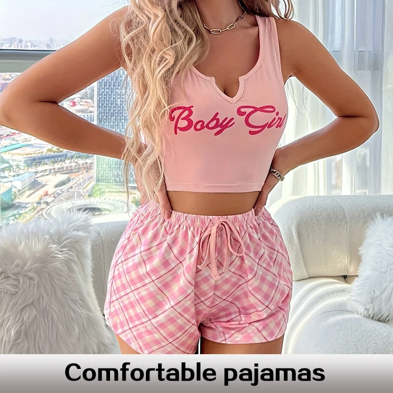 Women Fashion Plaid Prints Pajama Sets 2 Piece Sleepwear Sleeveless Vest Shorts Sexy Loungewear Set Sexy Sleep Shorts