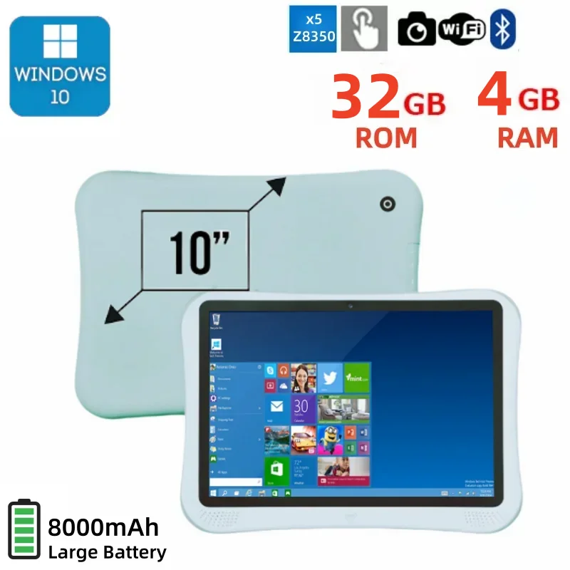 10.1인치 64비트 Windows 10 태블릿 PC, 4GB DDR RAM, 32GB ROM, 인텔 아톰 X5-Z8350 쿼드 코어 프로세서, 듀얼 카메라, 8000mAh 배터리, 2개의 마이크로 USB 포트.