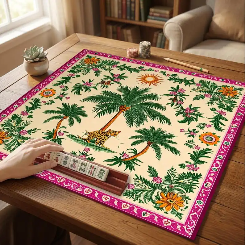 VIKAMA Tropical Palm Leopard Mahjong Mat Non Slip Noise Dampening Soft Square Pad Washable Exotic Home Mahjong Decor