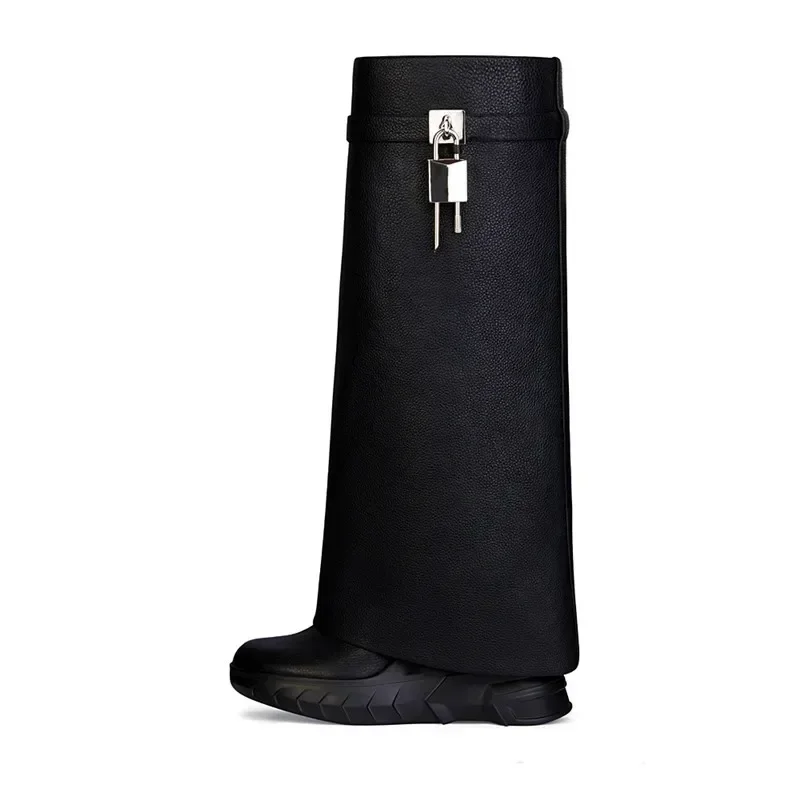 

New Fashion Brand Thick Soled Leather Short Boots Round Head Lock Lock Shark Boots Women's Slope Heel High Heel Women's Boots