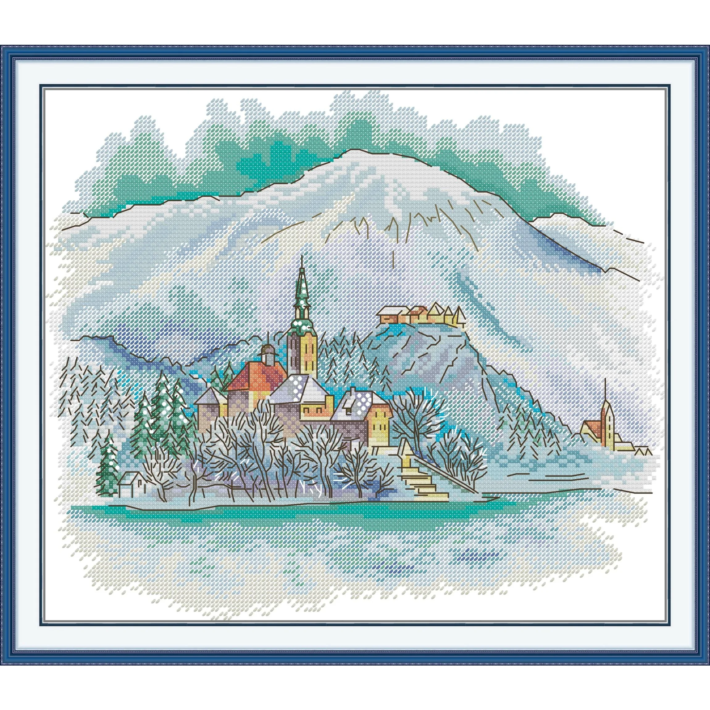 مجموعة غرز متقاطعة مطبوعة مسبقًا من Soulgift News، قماش عايدة مختوم مع خيوط DMC، طقم تطريز - مدينة جبلية صغيرة في الشتاء