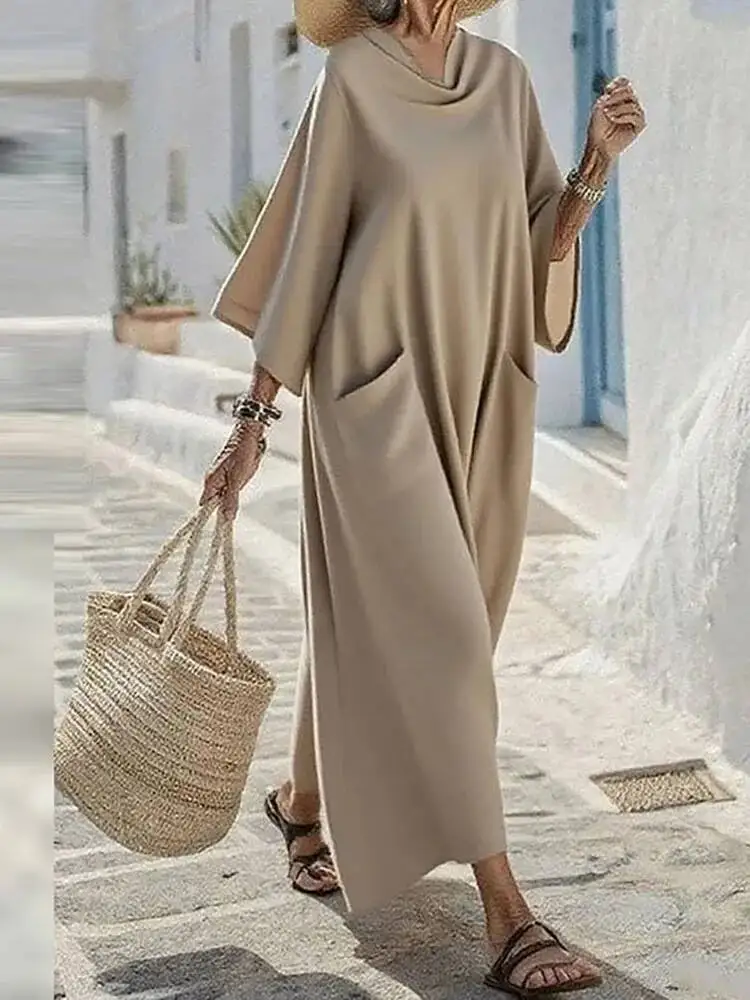 مثير س الرقبة كم الصلبة المرأة أنيقة عالية الخصر الساتان فضفاض فستان الحفلات ربيع الخريف موضة ثنيات فساتين طويلة