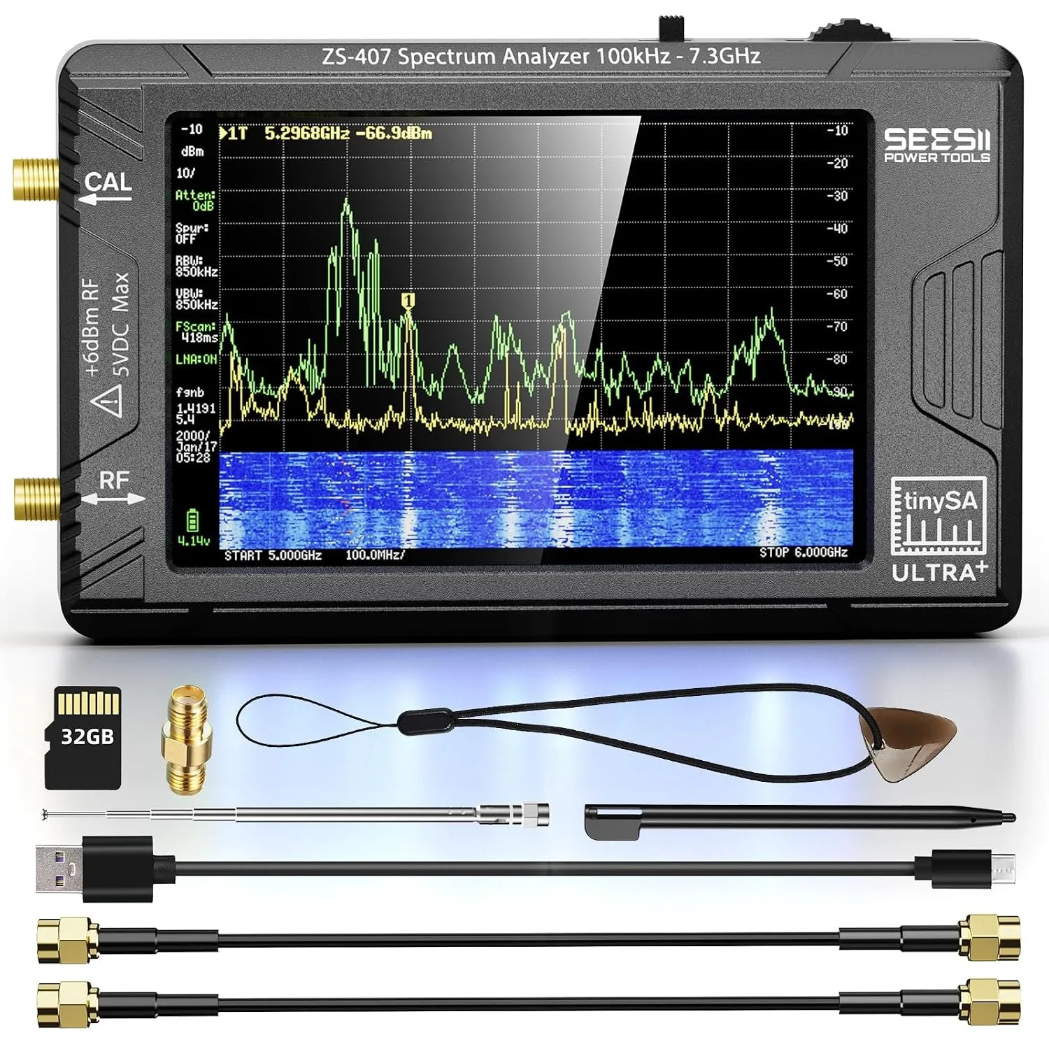 SEESII ZS407 TinySA Ultra+ Spectrum Analyzer HW V0.5.4 4.0 Inch 100kHz-7.3GHz Tinysa Handheld Frequency Analyzer 2-in-1 RF Signal Generator 100kHz to 900MHz