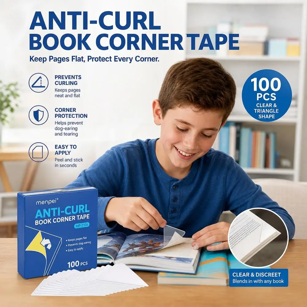 100Pcs Anti Curl Book Corner Tape Clear Triangle Page Protectors Self Adhesive Notebook Dog Ear Repair Sticker Students Supplies
