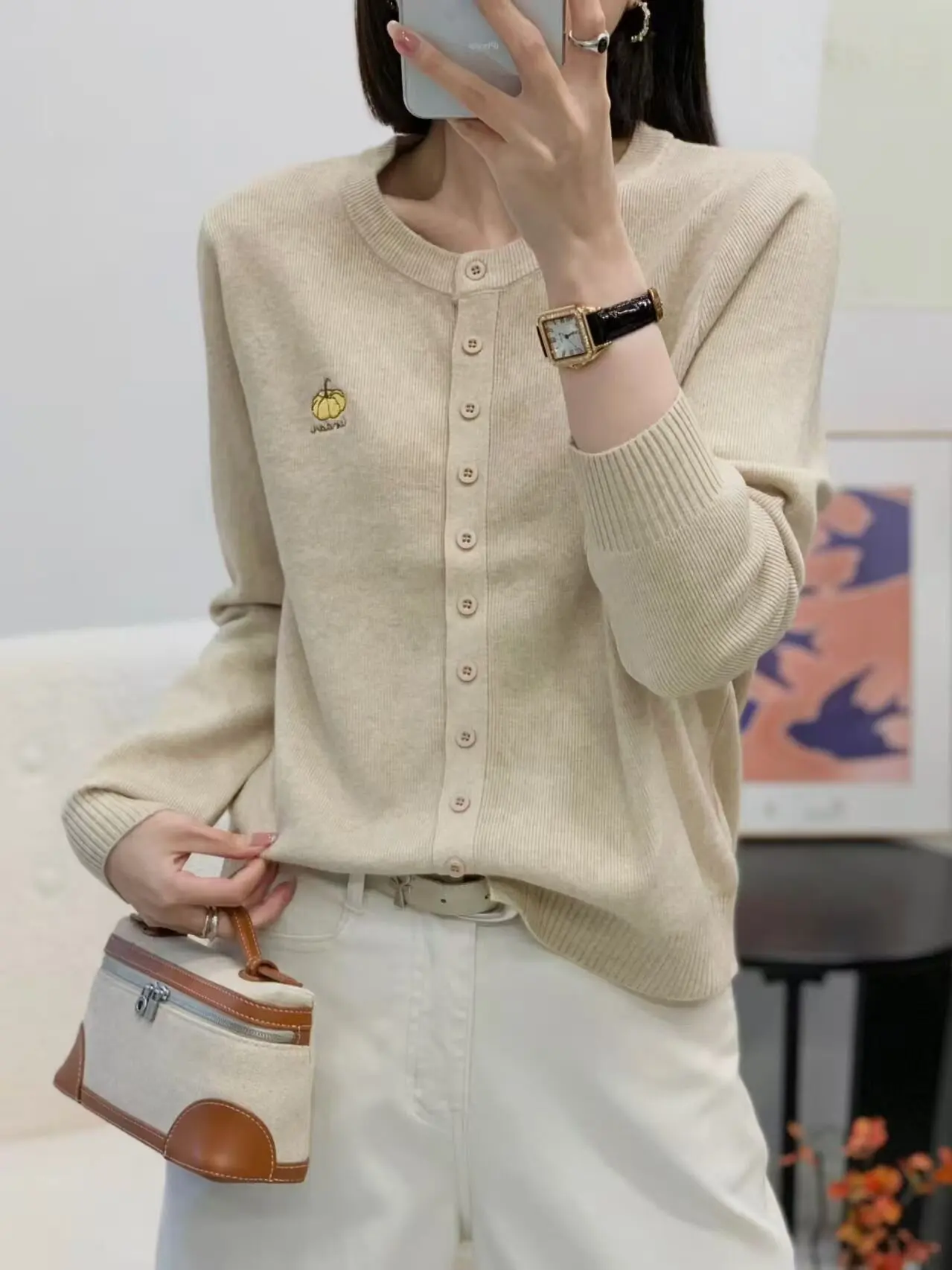 Autumn 2026 Women's Knitted Long Sleeve round Neck Buttoned Sweater Coat Embroidered Pumpkin Design Comfortable Soft Korean S...
