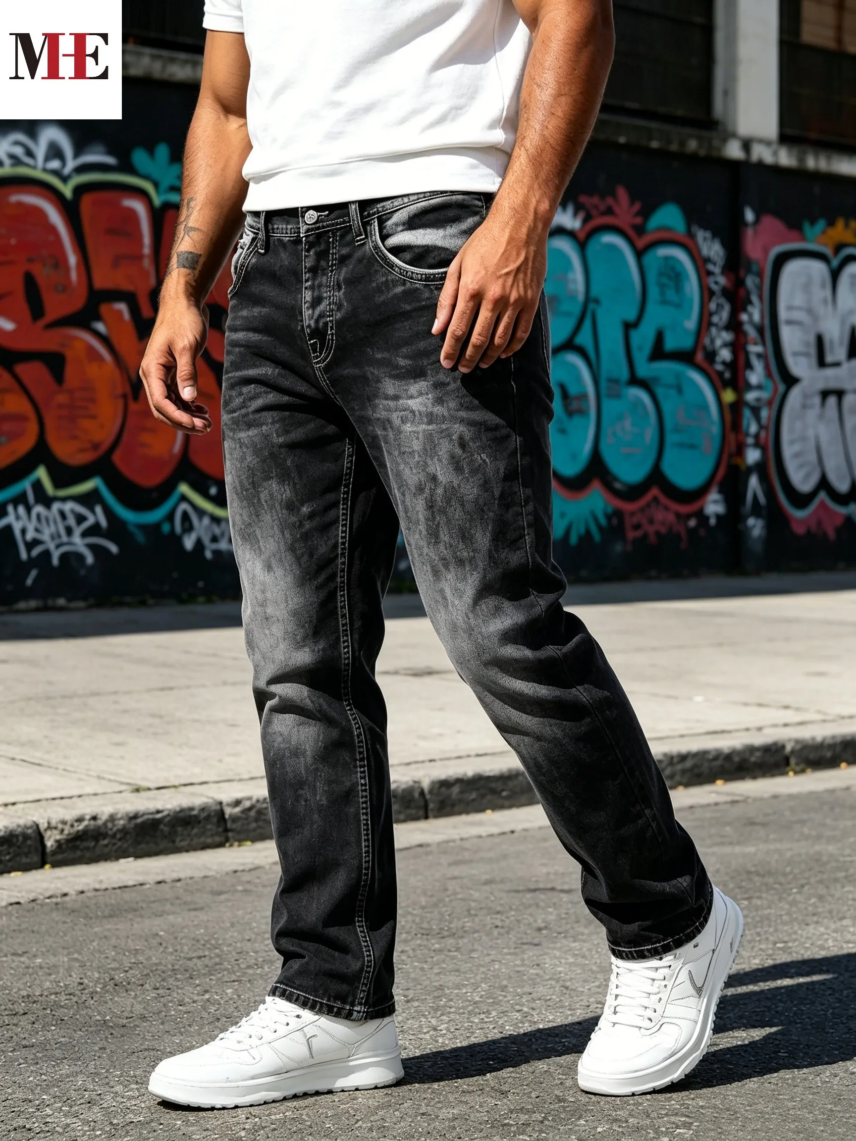 【HME】Men's Jeans | Room Relaxed Straight Leg Denim Pants Equipped with Classic Five Pockets, vintage Faded Black Grey Craft, Soft Stretch Denim Texture, Perfectly Match Chunky Sneakers for Commuting Street All-Match Men Pants