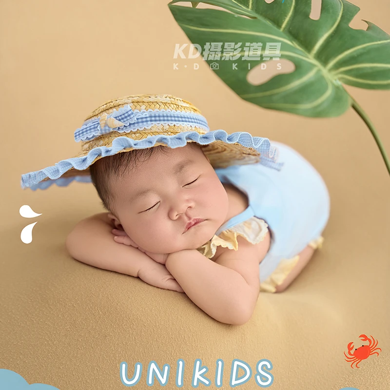 summer-beach-style-newborn-photography-outfit-baby-blue-bow-hat-sling-romper-studio-shooting-props-infant-costume-accessories