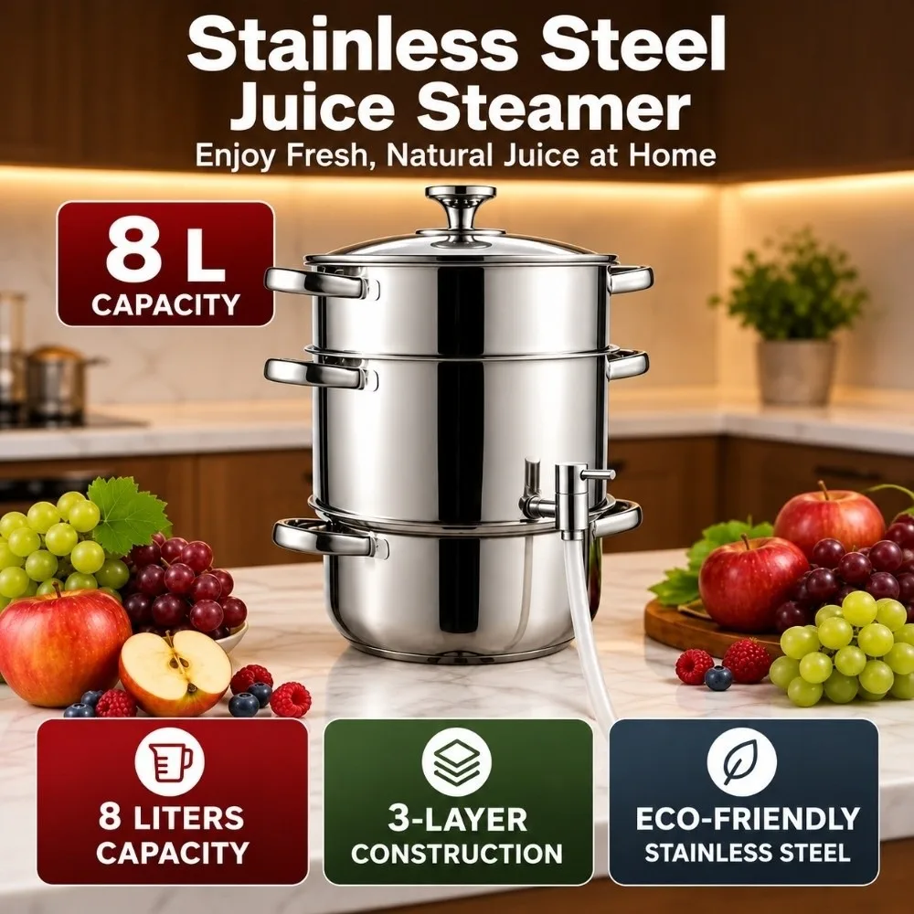 Stainless Steel ‌juice Steamer Pot with Lid 6/8L Steam Juice Extractor Pot All-in-One Easy Clean Steam Juicer Household