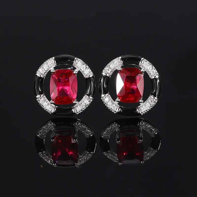 

Elegant Ruby Circle Stud Earrings with Accents Classic Red and Black Statement Jewelry for Women Luxury Wedding Accessories Gift