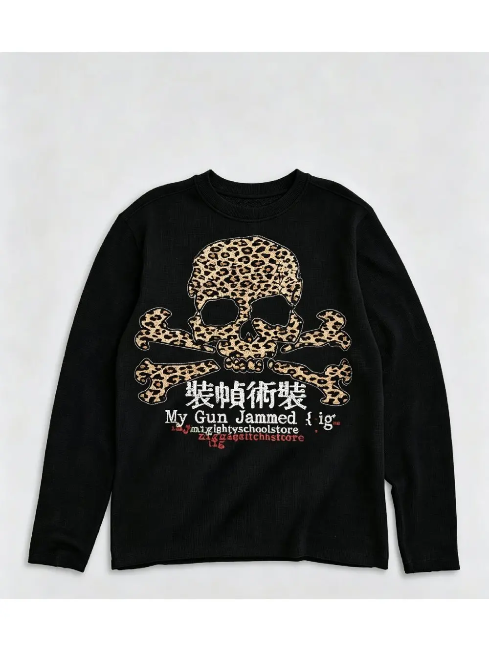 Nueva camiseta de manga larga de otoño, confeccionada en tejido tipo gofre de estilo gótico y rock, con estampado de leopardo, calaveras y letras, ideal para un look urbano, moderno y casual.