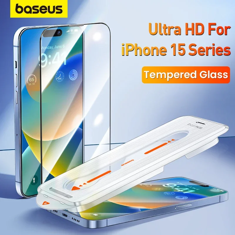 Baseus-vidro temperado ultra hd para iphone 15 pro max plus, protetor de tela, à prova de poeira, fácil instalação, película protetora