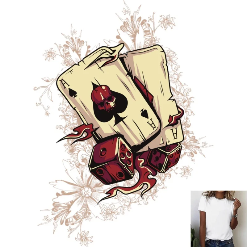 Trendy Street Style Poker Skull Dice Heat Transfer White Ink Iron - on Decal, Suitable for T - Shirts/Canvas Bags, Eye -
