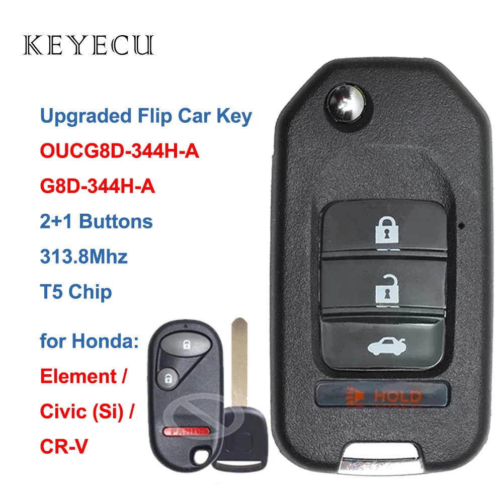 

Keyecu Upgraded Flip Remote Control Car Key Fob 2+1 ButtonS 313.8MHz T5 Chip for Honda CR-V CRV Element Civic (Si), G8D-344H-A