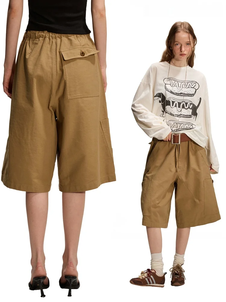 

Summer Casual Khaki Cotton Work Pants Women's Loose Fit Five-Quarter Length Simple Sle Comfortable Loose Feeling Trousers