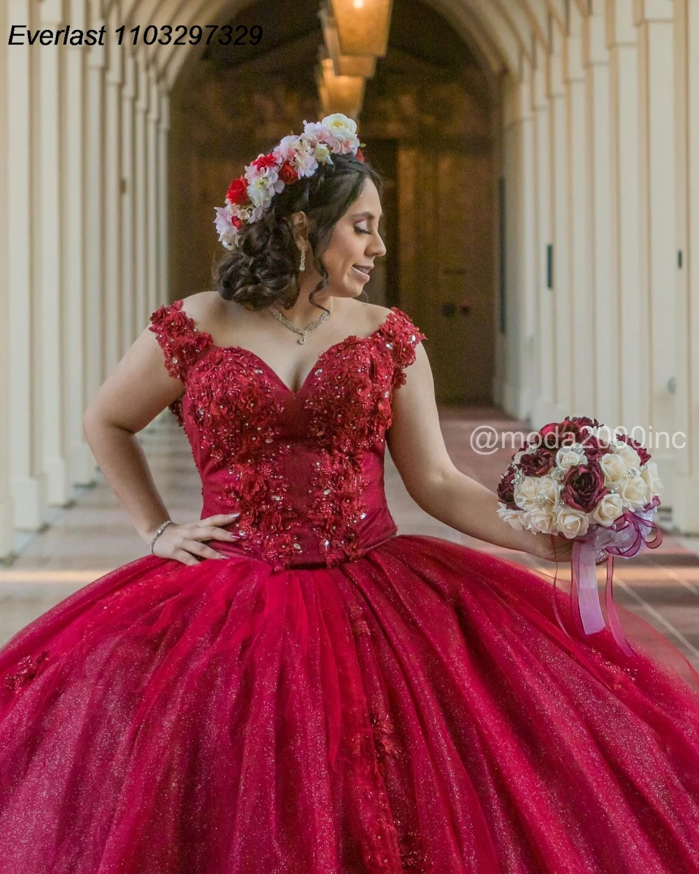 Блестящее Красное Бальное Платье EVLAST Quinceanera, блестящее кружевное платье с аппликацией и бисером, Мексиканский корсет, милый 16 Vestido De 15 Anos TQD943