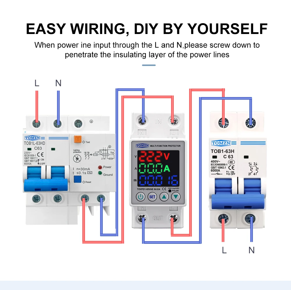 TOMZN 63A 230V Din rail adjustable over under voltage protective device protector relay with current protection energy merter