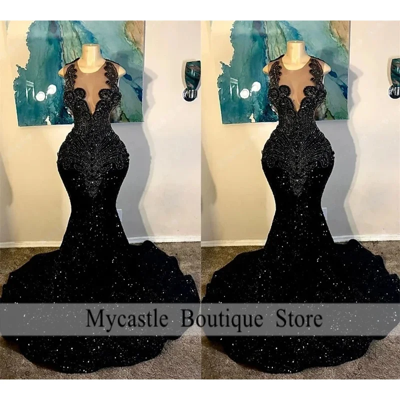 

Sparkly Long African Prom Dresses For Black Girls Mermaid Sheer Sequins Beaded Prom Gowns Evening Party Customized