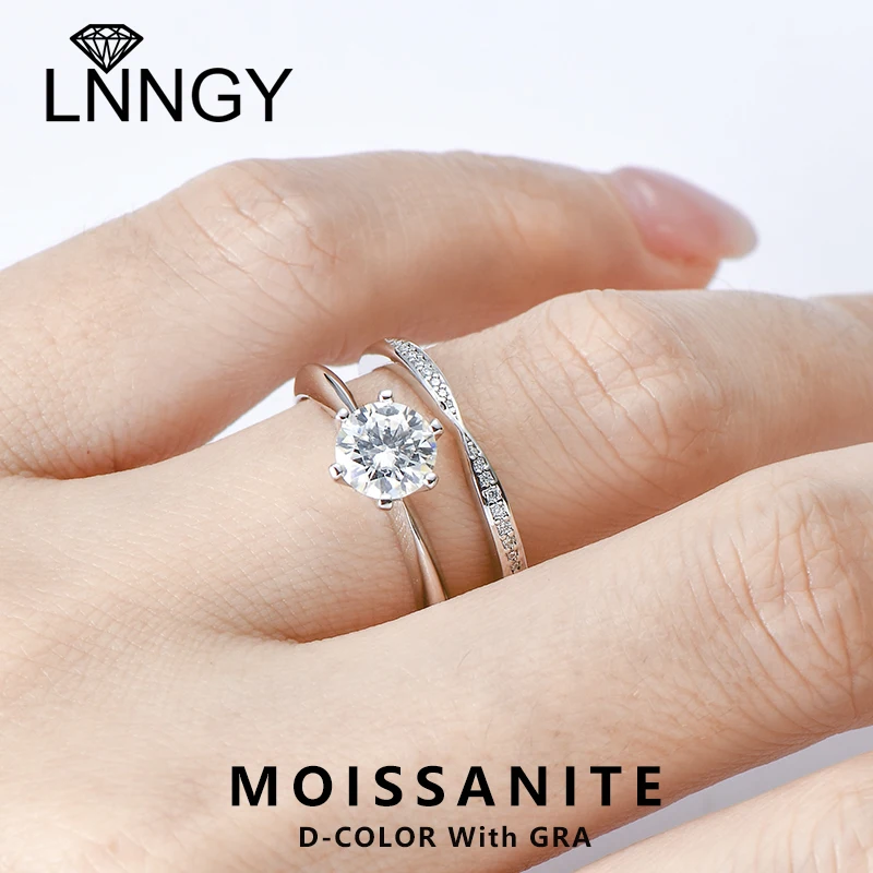 

Lnngy Certified 6.5mm Moissanite Ring Set 925 Sterling Silver Engagement Rings For Women Girls Wedding Band Jewelry Gift
