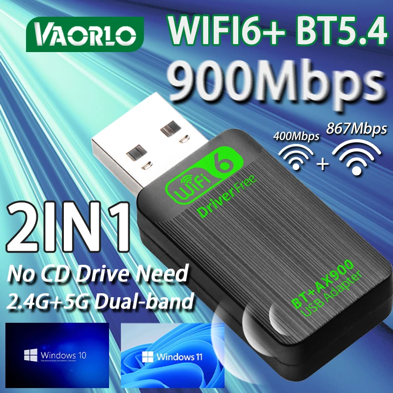 

VAORLO AX900 WIFI6 USB Bluetooth 5.4 Dual Band 2.4G+5GHz 900Mbps Network Card Receiver Dongle 802.11ax For Win10/11 Free Driver