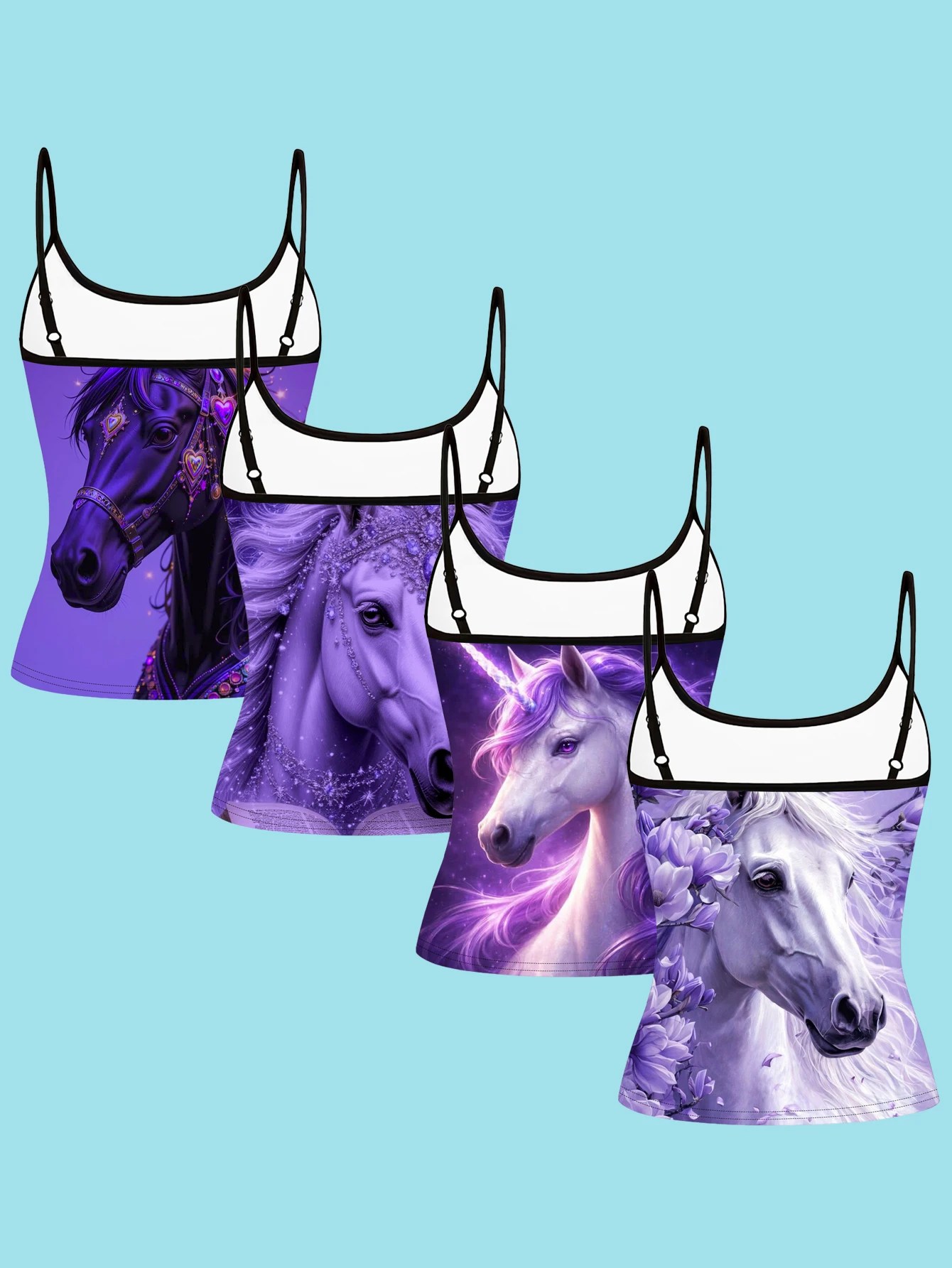 4-Piece Set of Women's Purple Fantasy Unicorn Print Spaghetti Strap Camisole Slim Fit Inner Layering Top